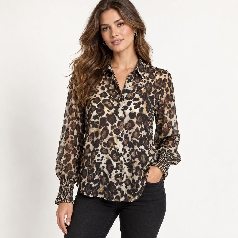 Alexis Romana Leopard Print Satin Blouse Smocked Cuffs Brown Black S